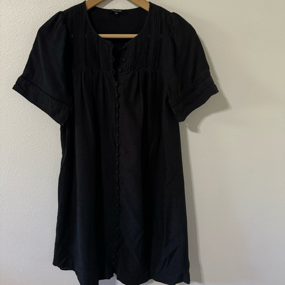 Madewell Pleated Button-Front Shift Dress Black Cotton Viscose Lace Eyelet-XS - Picture 2 of 10